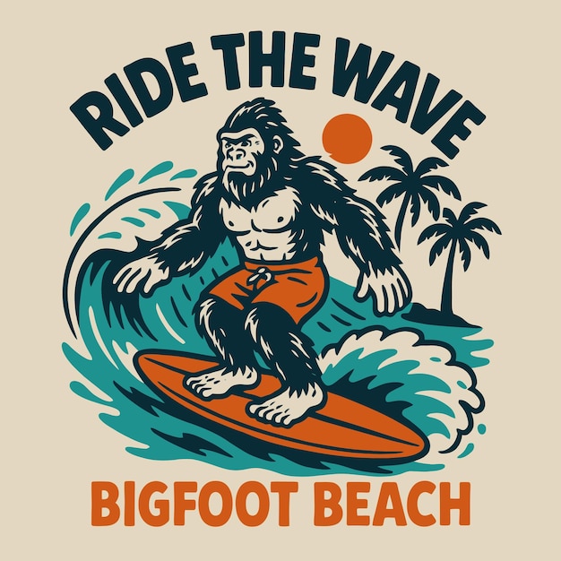 Creatura surfeando grandes olas con palmeras y vibración de la isla