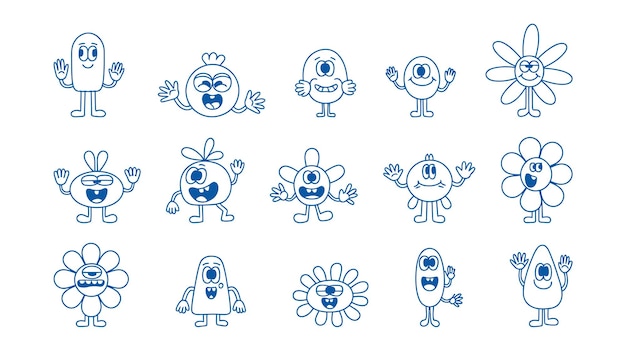 Creaturas alegres Una variedad caprichosa de personajes de dibujos animados cada uno con un diseño único