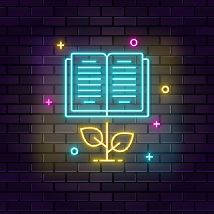 Vector crecer libro icono de neón educación icono de neón sobre fondo de pared de ladrillo oscuro