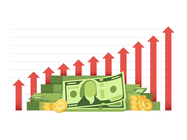 Creciente carta de negocios con pila de dinero efectivo concepto de vector financiero