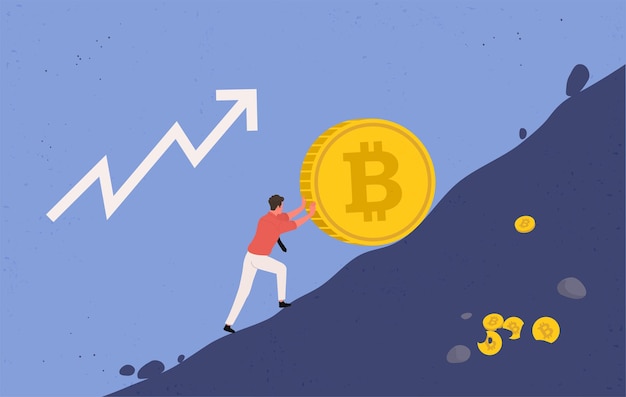 Vector crecimiento al alza de bitcoin. miner levanta una gran moneda bitcoin cuesta arriba, concepto de tendencia ascendente. ilustración plana.