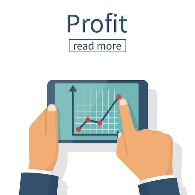 Crecimiento de beneficios, concepto de inversión. Incremento de beneficios. Hombre mantenga en tableta de manos con gráfico de negocios. Datos analíticos de mercado. Hombre de negocios analizando el mercado de valores. Diagrama financiero. Diseño plano vectorial.