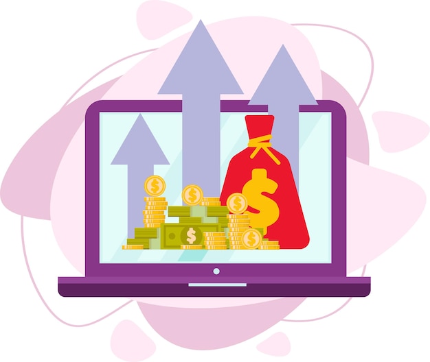 Crecimiento de beneficios online. El monitor de la computadora portátil muestra dinero y flechas hacia arriba, que indican el crecimiento de los fondos. Ilustración de vector plano.