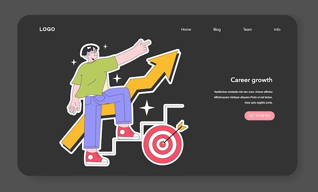 Crecimiento de la carrera del personaje masculino joven en modo nocturno o modo oscuro banner web o página de aterrizaje oficina para adultos