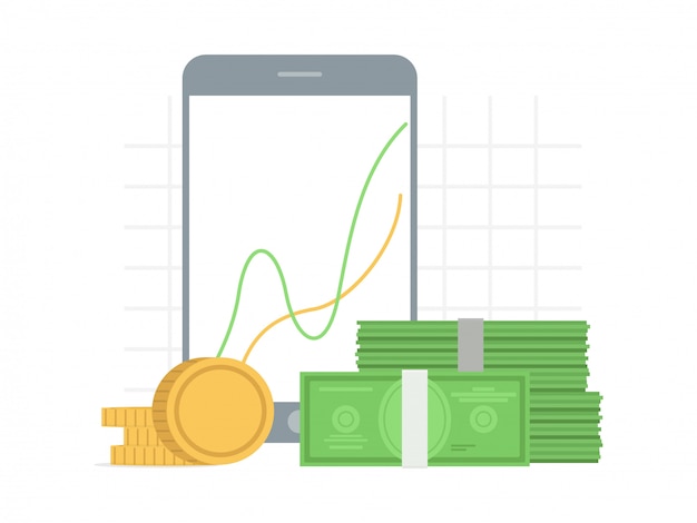 Crecimiento, concepto de éxito en estilo plano con gráfico de gráfico en la pantalla del gadget y dinero