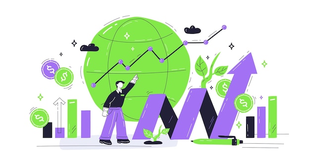 El crecimiento económico representado con flechas de gráficos y un globo que simboliza