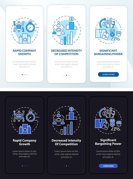 El crecimiento externo beneficia la pantalla de la página de la aplicación móvil de incorporación oscura y clara. Tutorial de instrucciones gráficas de 3 pasos con conceptos. UI, UX, plantilla de vector GUI con ilustraciones lineales en modo día y noche