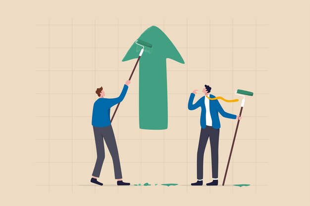 Crecimiento de las ganancias comerciales, mejora o desarrollo profesional, aumento de las ganancias de inversión o asociación para ayudar a hacer crecer el concepto de negocio, el socio empresario ayuda a pintar el gráfico de flecha verde de crecimiento.