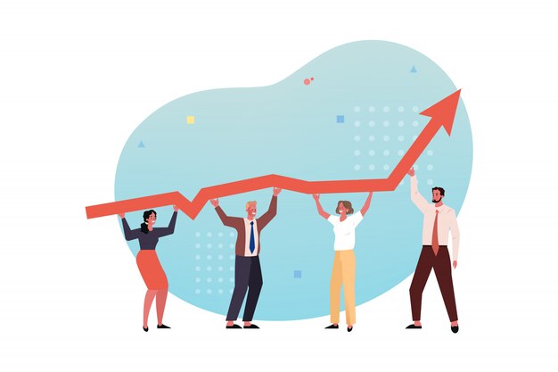 Crecimiento de ganancias, equipo, colaboración, asociación concepto de negocio de coworking.