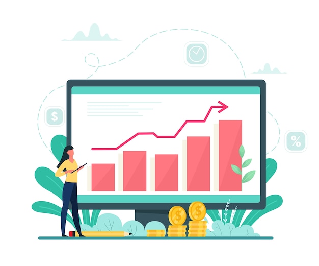 Crecimiento del gráfico de negocio, proyecto exitoso. Crecimiento financiero. Ilustración de vector plano de estilo de dibujos animados.