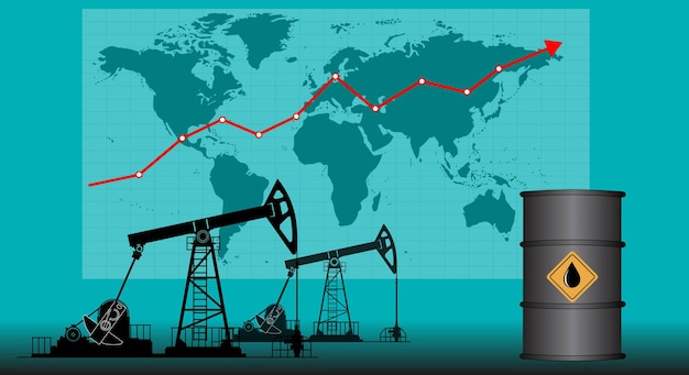 Vector crecimiento gráfico y plataforma petrolera. las cotizaciones de petróleo están creciendo. producción de petróleo. flecha roja el aumento de los precios de los productos petrolíferos en el mercado. tendencia ascendente. ilustración vectorial