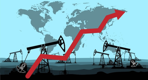 Crecimiento gráfico y plataforma petrolera. las cotizaciones de petróleo están creciendo. producción de petróleo. flecha roja el aumento de los precios de los productos petrolíferos en el mercado. tendencia ascendente. ilustración vectorial