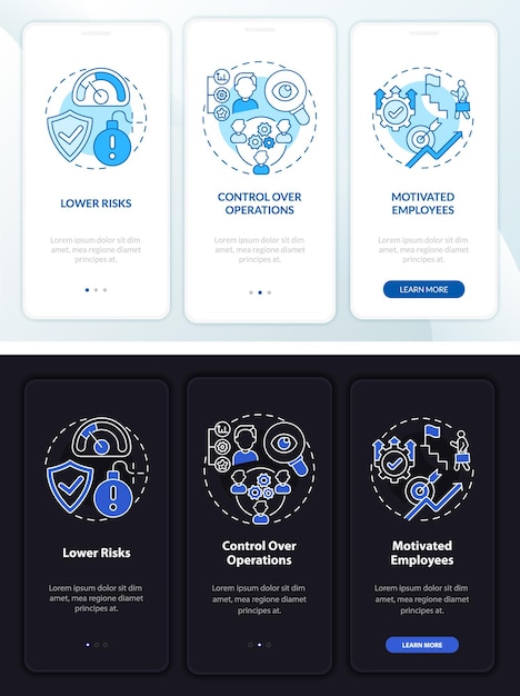 Vector el crecimiento interno beneficia la pantalla de la página de la aplicación móvil de incorporación oscura y clara. tutorial de instrucciones gráficas de 3 pasos con conceptos. ui, ux, plantilla de vector gui con ilustraciones lineales en modo día y noche