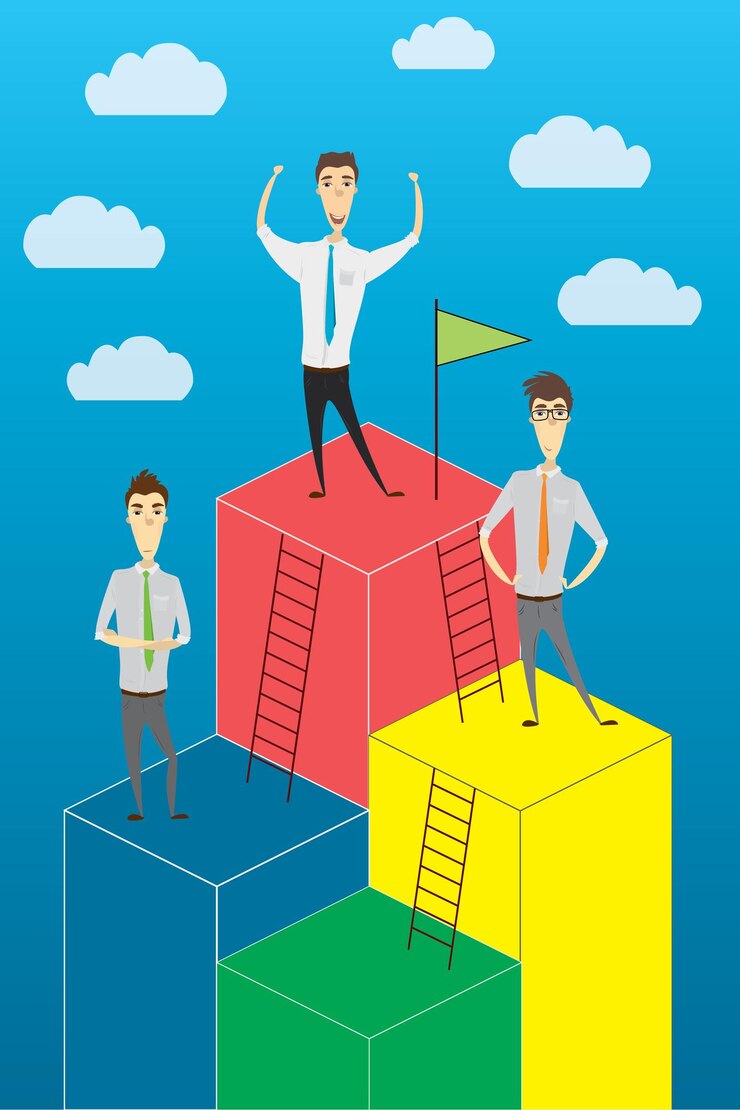 Vector crecimiento del negocio o escalera de carrera dibujos animados empresario concepto de éxito ilustración vectorial de acciones