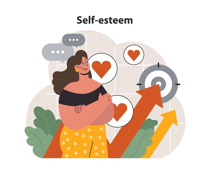 Vector crecimiento personal autoestima empleado habilidades suaves progreso carácter femenino positivo expresarse a sí mismo