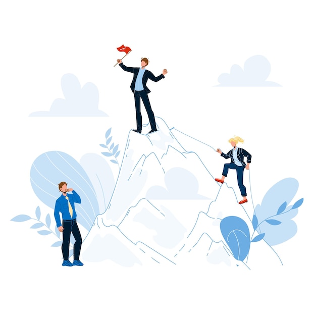 Crecimiento profesional de empleado a líder Vector jefe. Gerente de trabajador, mujer de escalada y jefe en el pico de la montaña con bandera, proceso de crecimiento profesional. Ilustración de dibujos animados plana de personajes empresarios