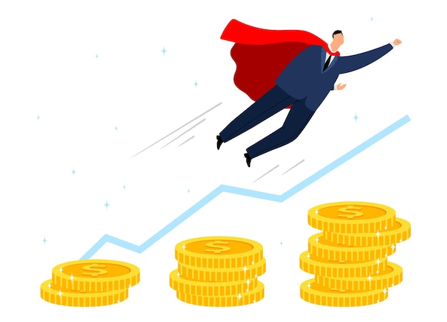 Crecimiento profesional. Motivación empresarial, concepto de liderazgo. Hombre superhéroe volando, montones de monedas e ilustración de vector de gráfico financiero