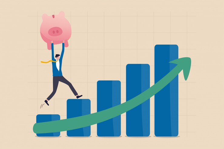 Vector crecimiento, prosperidad económica o retorno de crecimiento en concepto de ahorro e inversión, inversionista confiado del hombre de negocios sostenga la hucha rosada rica que sube el gráfico de barra ascendente del mercado de acción de la flecha verde.