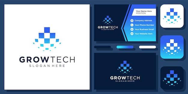 Crecimiento Tecnología digital Crecer Innovación Datos de inicio Éxito Diseño de logotipo vectorial con tarjeta de visita