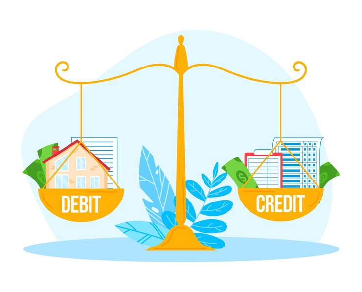 Vector crédito de débito financiero a escalas comerciales ilustración vectorial balance económico con propiedad monetaria y ganancias en dólares en efectivo