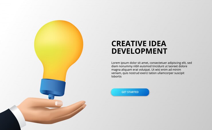 Vector cree un gran desarrollo de ideas con la mano y la lámpara 3d para generar ideas, desarrollar e inspirar
