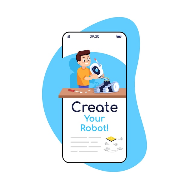 Cree la pantalla de la aplicación del teléfono inteligente con publicaciones en las redes sociales de su robot. pantallas de teléfonos móviles con maquetas de diseño de personajes de dibujos animados. instrucciones de montaje para la interfaz telefónica de la aplicación de constructor