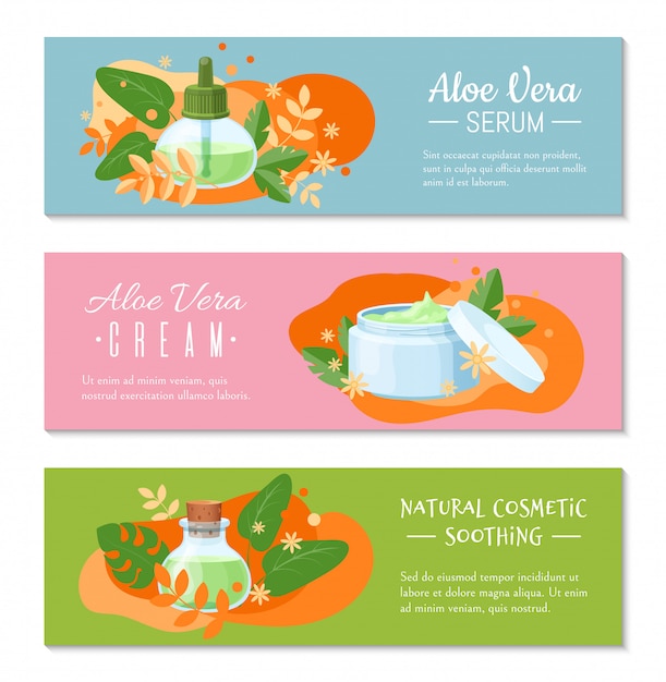 Vector crema de aloe vera, calmante cosmético natural y banner de suero para el sitio web. concepto de diseño etnociencia.