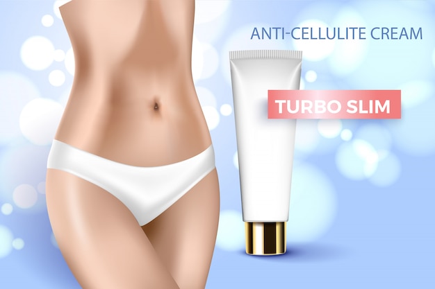 Vector crema anticelulítica. cuerpo femenino realista delgado y un tubo de crema. plantilla para publicidad