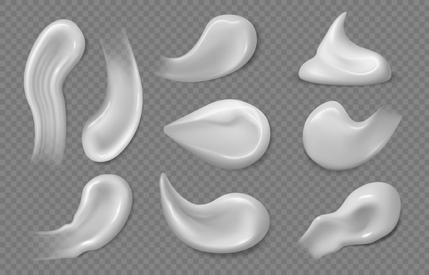 Crema cosmética blanca. Textura de gel de protección solar, frotis y trazos de productos para el cuidado de la piel. Mousse de crema hidratante para la piel de la cara, conjunto de vectores aislados de cremas. Ilustración muestra de cosmética protector solar y crema para la piel