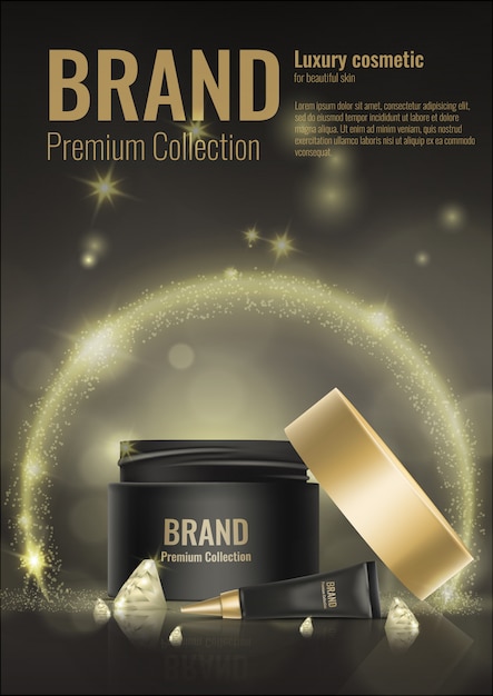 Crema cosmética realista plantilla producto paquete oro 3d diamante publicidad ilustración.