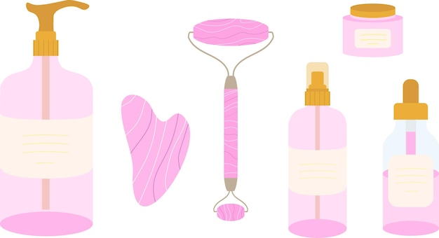 Crema facial de cuarzo rosa Gua sha, rodillo de piedra y aceite de masaje para el tratamiento de la piel y el cuerpo aislado en fondo blanco