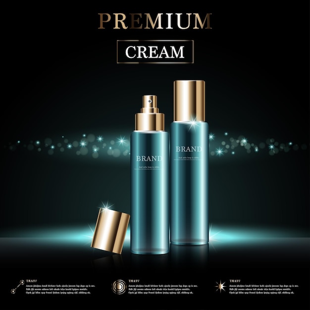 Crema facial hidratante para venta anual o venta de festivales botella de máscara de crema verde y dorada aislada sobre fondo de luz dorada Ilustración de anuncios cosméticos elegantes