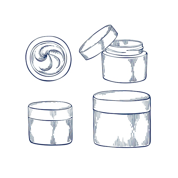 Crema en frasco de plástico dibujado a mano Ilustración vectorial aislada Esbozo Colección de estilos de grabado