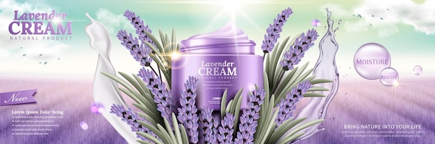 Crema de lavanda con flores y hojas de salpicaduras de líquidos