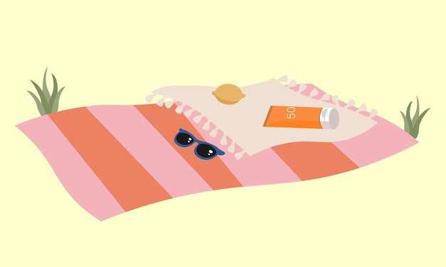 Crema de protección solar de verano ilustración del producto sunblock colocado en una playa tropical con arena y toalla