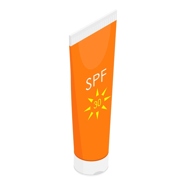 Crema solar naranja con SPF diseño de embalaje de tubo de botella aislado en fondo blanco Vector de vista isométrica