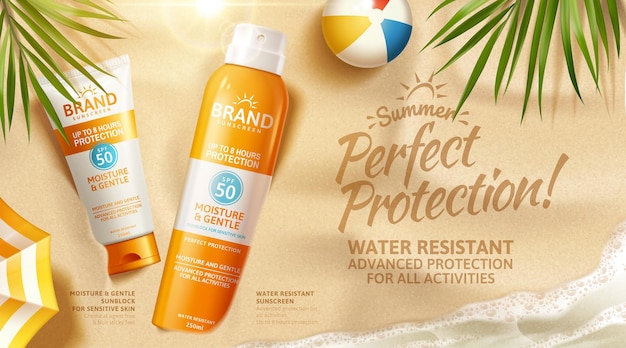 Crema y spray de protección solar de verano en la arena en la ilustración 3d con pelota de playa, hojas de palma, anuncios de protección solar de vista superior