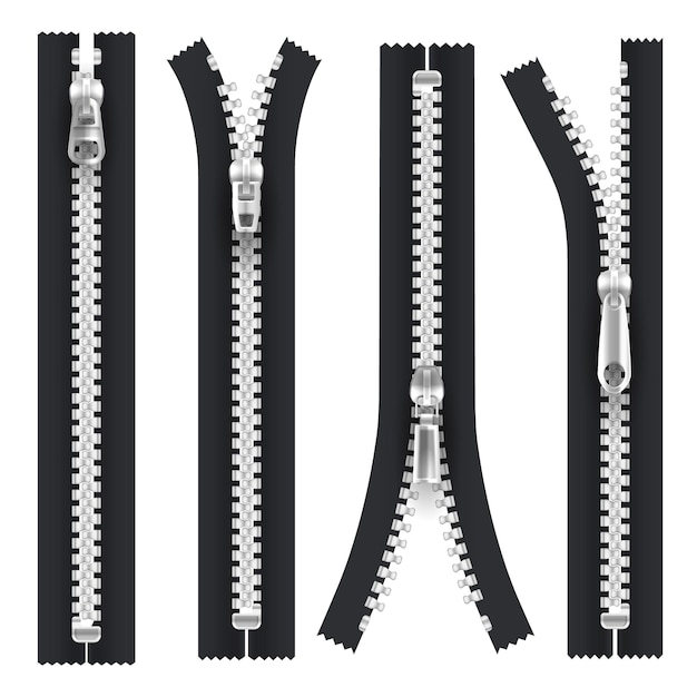 Vector cremalleras con pestillo de tirador plateado, elementos de ropa realistas aislados abiertos y cerrados. cremallera negra con dientes y pestillo plateados metálicos, cierre de cremallera con cierre de tiro, accesorio de sastre