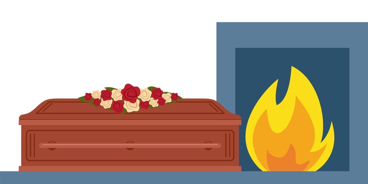 Vector crematoria ataúd y fuego proceso de cremación en el crematorio ilustración vectorial