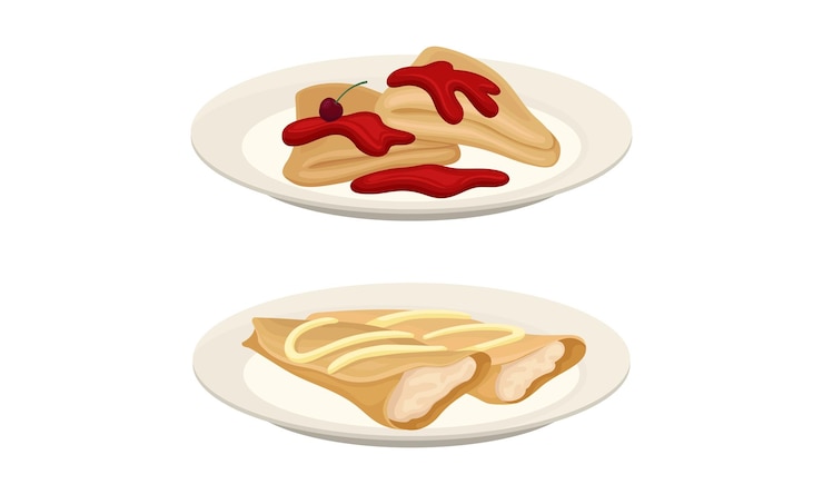Vector crepe dulce o panqueque servido en un plato con mermelada de cereza y conjunto vectorial de relleno de quark