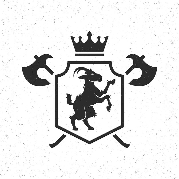 Crest de cabra medieval con hachas y corona