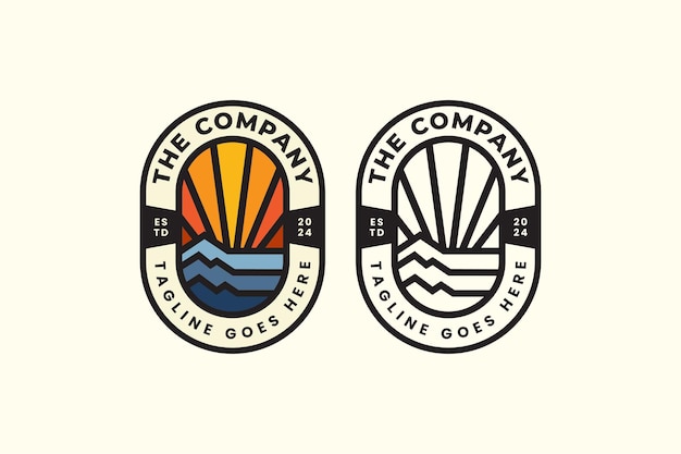 cresta de montaña con amanecer y puesta de sol logotipo de insignia para la comunidad de aventura y identidad de marca de pasatiempo