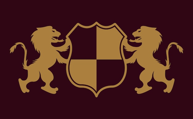 Cresta real dos leones con escudo vector emblema de oro etiqueta o logotipo sobre fondo morado oscuro