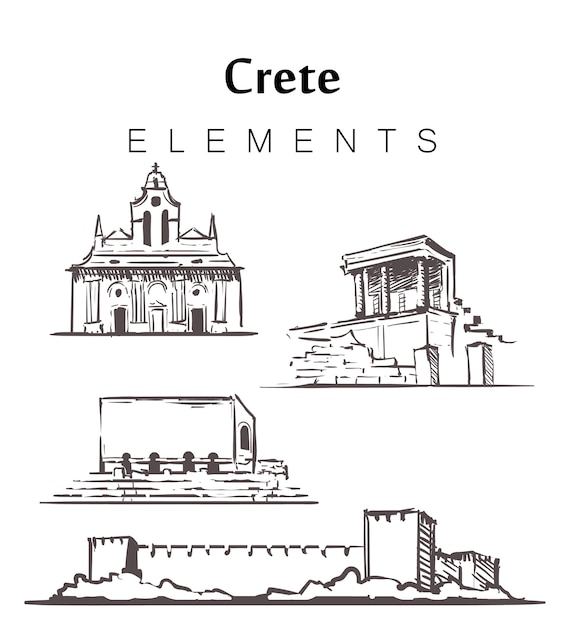 Creta establece edificios de dibujo aislados en blanco
