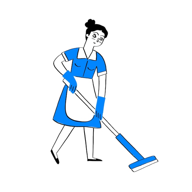 Vector una criada está limpiando el piso con un trapeador. ilustración vectorial dibujada a mano estilo doodle.