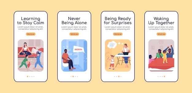 La crianza de los hijos desafía la incorporación de la plantilla de vector plano de la pantalla de la aplicación móvil. tutorial del sitio web 4 pasos con personajes. ux creativo, ui, interfaz de dibujos animados de teléfono inteligente gui, conjunto de impresiones de casos