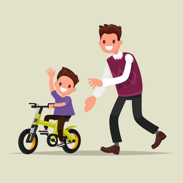 Vector crianza de los hijos. el padre le enseña a su hijo a andar en bicicleta. el primer paseo en bicicleta. ilustración