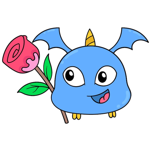 Criatura linda con alas dentadas afiladas volando con rosas, arte de ilustración vectorial. imagen de icono de doodle kawaii.