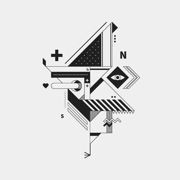 Criatura monocromática abstracta sobre fondo blanco. Estilo de cubismo y constructivismo. Útil para impresiones y carteles.