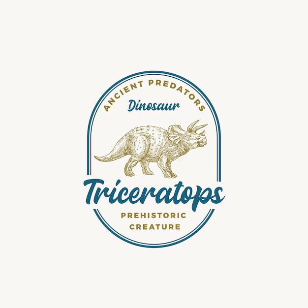 Criatura prehistórica dinosaurio signo abstracto símbolo o plantilla de logotipo reptil triceratops dibujado a mano con tipografía retro en un marco vector emblema concepto